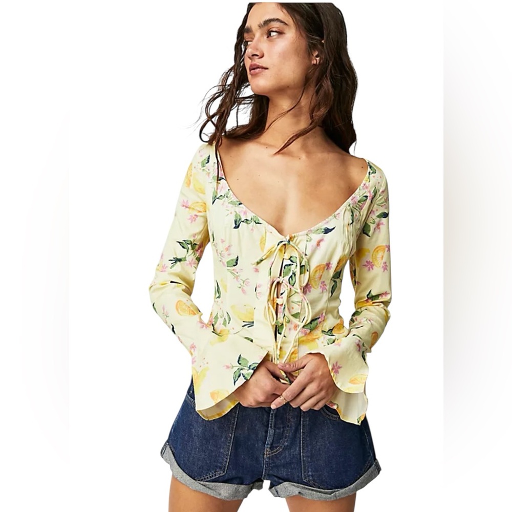 Free People Kayla Pintuck Top Yellow Lemon Floral Lace-Up Blouse Cottagecore